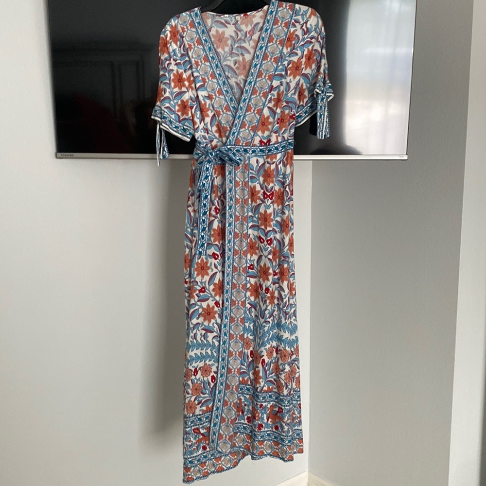 Blue orange red and white floral wrap midi dress